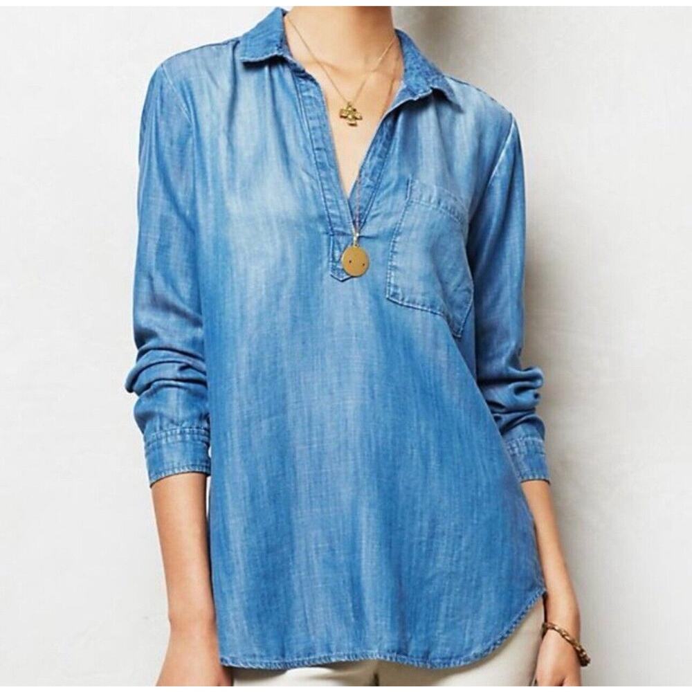 Cloth & Stone Womens Chambray Popover Tunic‎ Size S Blue Long Sleeve Collared